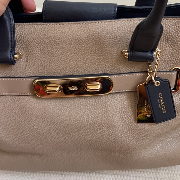 Coach Swagger Carryall Colorblock Leather Tote Satchel STONE Green Navy - Picture 10 of 15